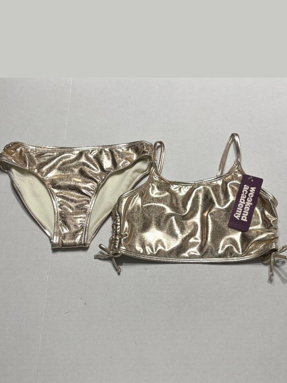 Weekend Academy Girls Gold Metallic Two-Piece Swimsuit Size 10-12